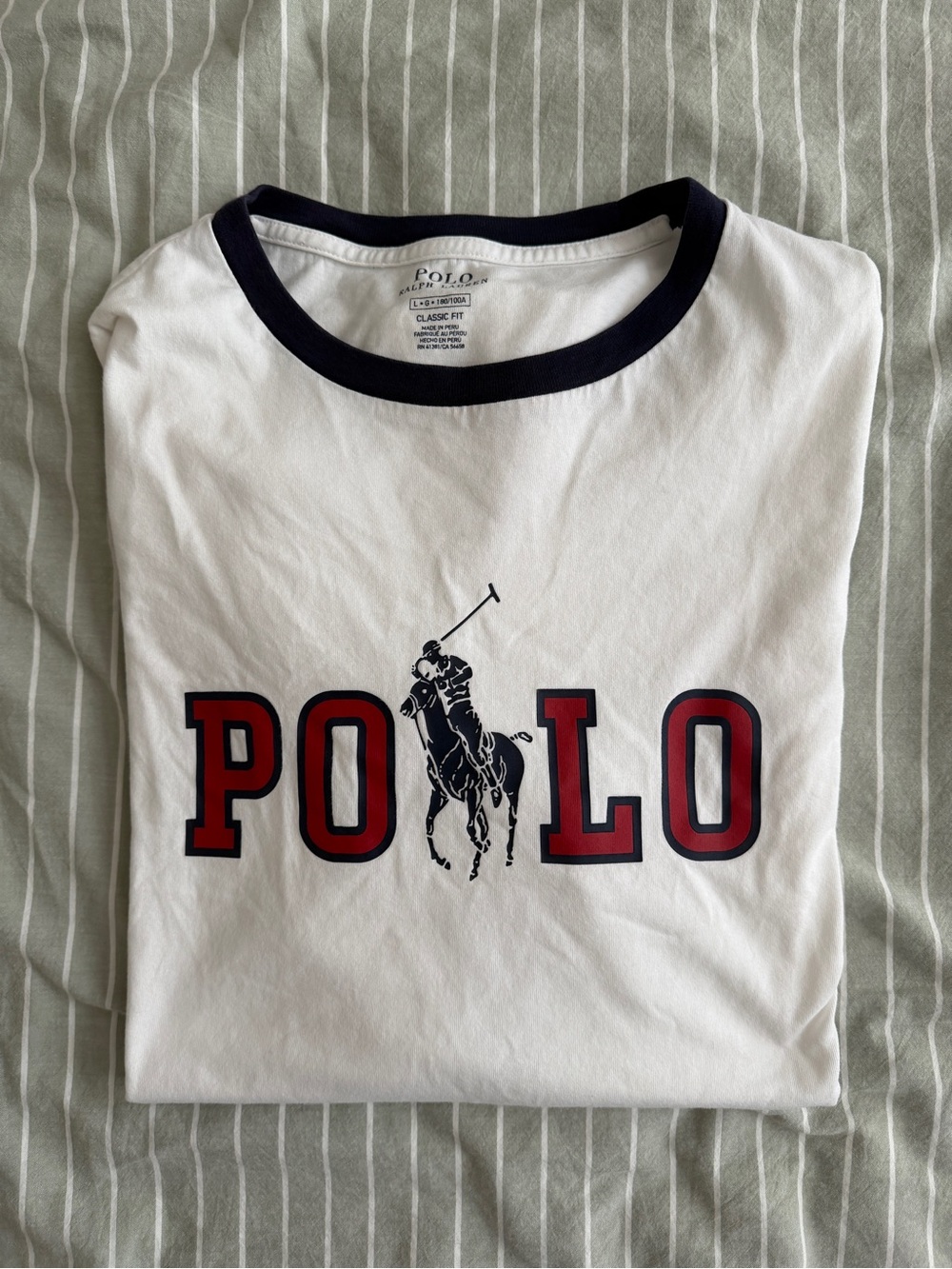 Polo Ralph Lauren White Tee with Navy Collar and Red Logo